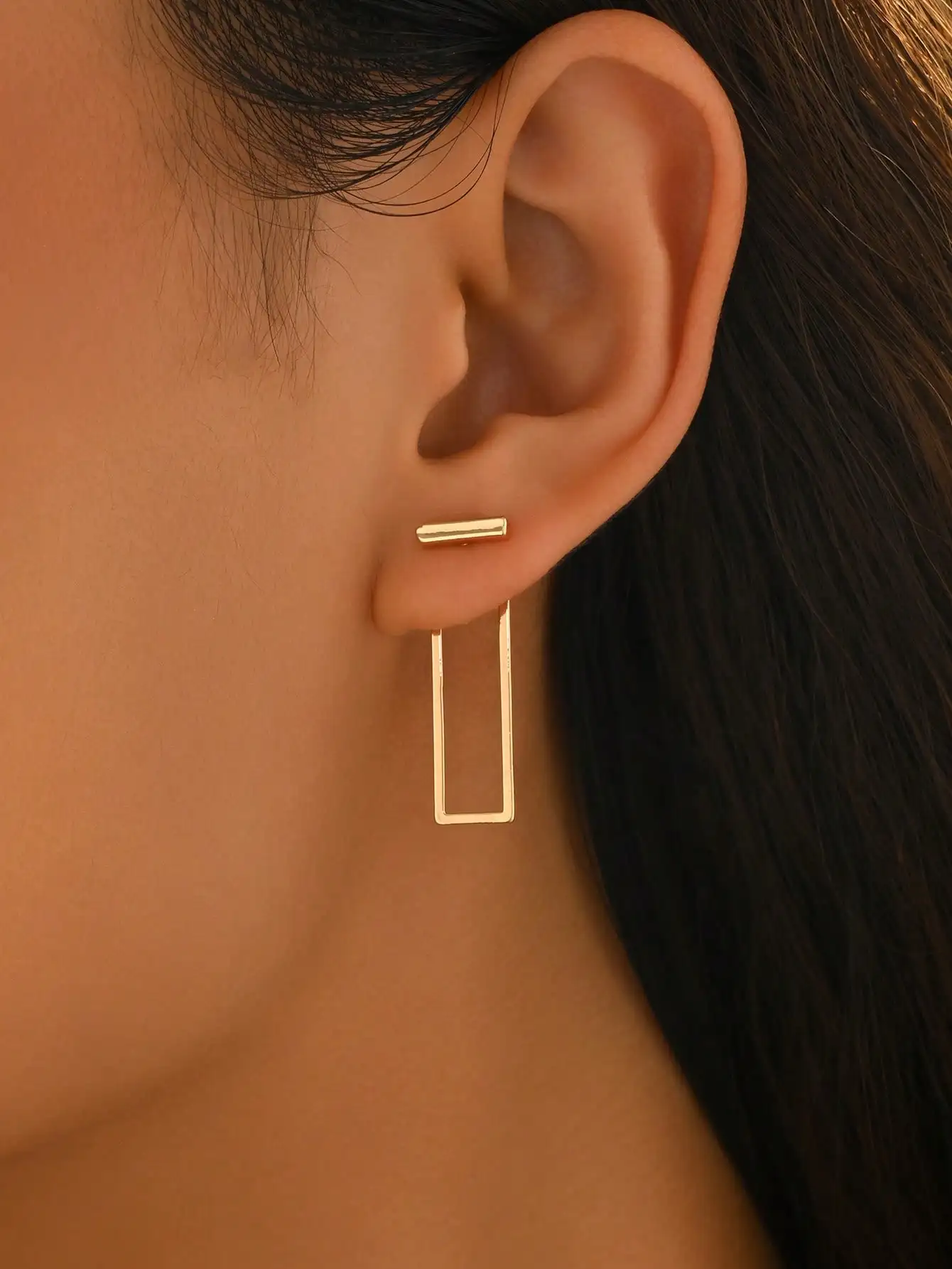 1 Pair Middle Eastern Metal Style Fashion Front & Back Earrings For Women, Minimalist Geometric Shape Elongated Rectangle Design, Suitable For Daily W