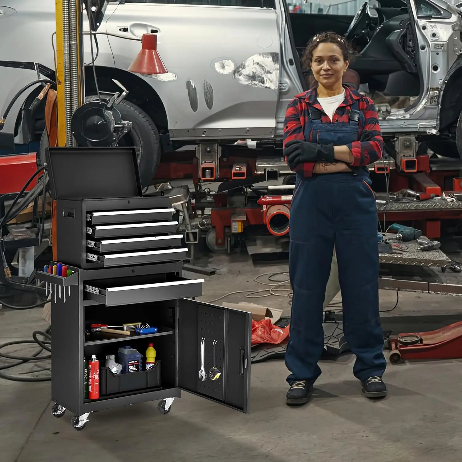 خزانة أدوات دوارة ذات 5 أدراج مع عبوة معززة، صندوق أدوات علوي قابل للفصل، عربة معدنية · شحن مجاني #1