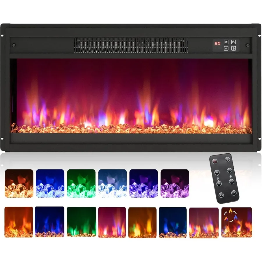 26 Electric Fireplace Insert Recessed Fireplace Heater with 8 Flame Colors 6 Ember Bed Colors Remote Control 9H Timer Thermosta