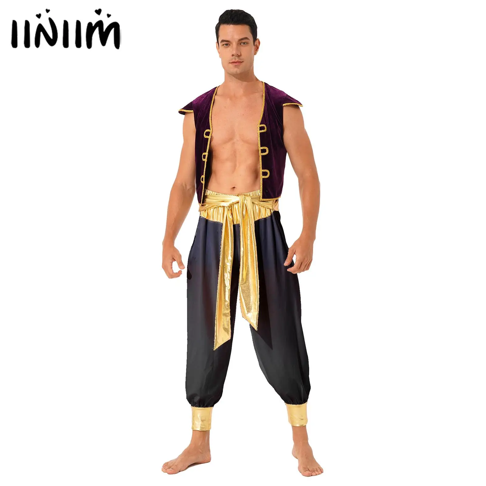 

Мужской карнавальный костюм с персидским арабским принцем и королем, плетеный жилет с открытой передней отделкой и брюками, платье для ролевых игр