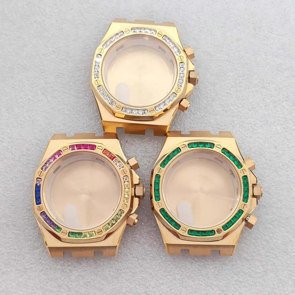 41mm Gold Watch Case Strap for VK63 Movement Solid Bottom Flat Glass 13mm Thickness Fit 31.8mm Dial DIY Shell Watch Repair Part