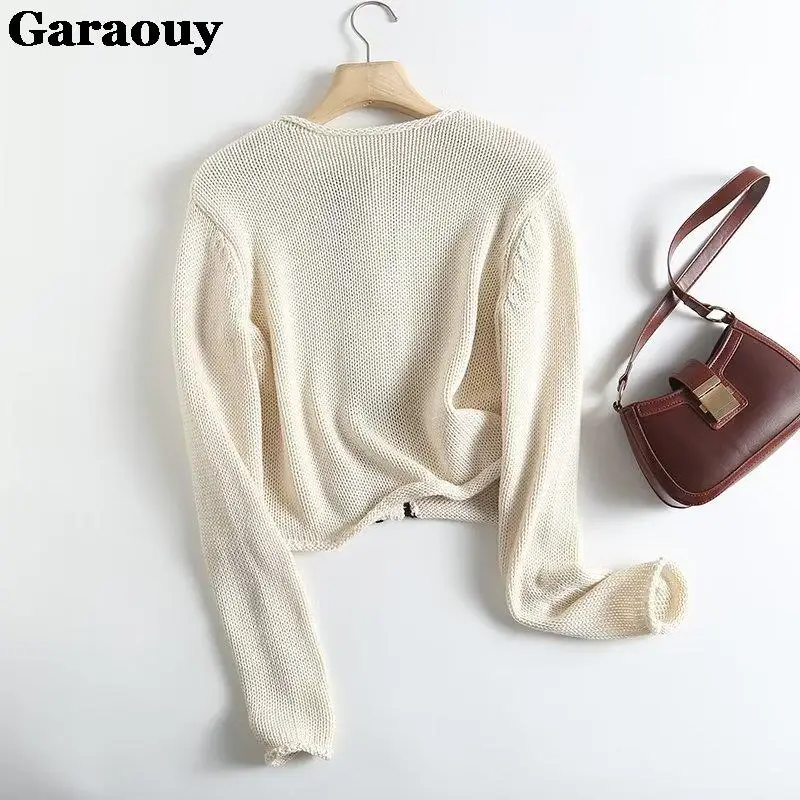 Garaouy2023Autumn Women Patchwork Edge Curl Knit Sweater Jacket Long Sleeve Female Elegant Crop Tops Commut Cardigan Coats Mujer