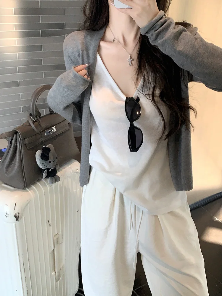 

Вязаный открытый кардиган на весну, легкий, с защитой от солнца, свободного кроя, женский модный топ с V-образным вырезом и длинными рукавами