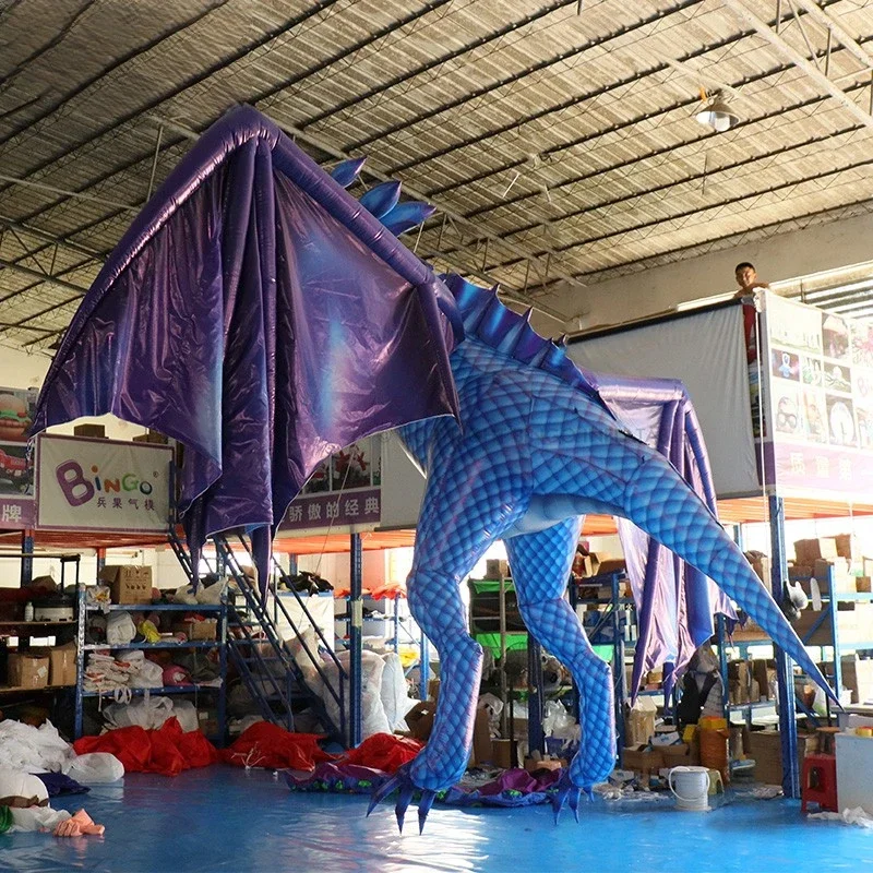 Illuminated Giant Blue Inflatable Flying Dragon With Wings Hanging Inflatable Dragon Animal For Halloween Decoration