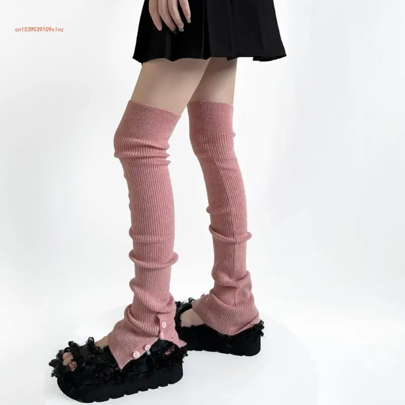 Harajuku Long Socks Leggings Cover with Slit Buttons Knit Thigh High Leg Warmers