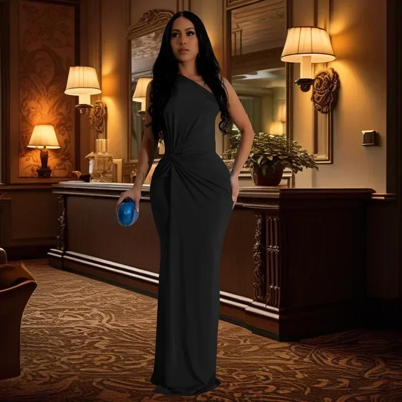 GUWU Een Schouder Party Lange Jurken voor Vrouwen Avond Celebrity Verjaardag Mouwloos Gedrapeerde Prom Formele Zeemeermin Maxi Jurk