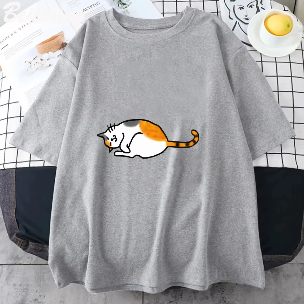 Anime Calico Cat Printed Male Tee Harujuku Clothing Women Korean Wave Cool Couple Highstreet T-shirt Vintage Girls 100% Cotton