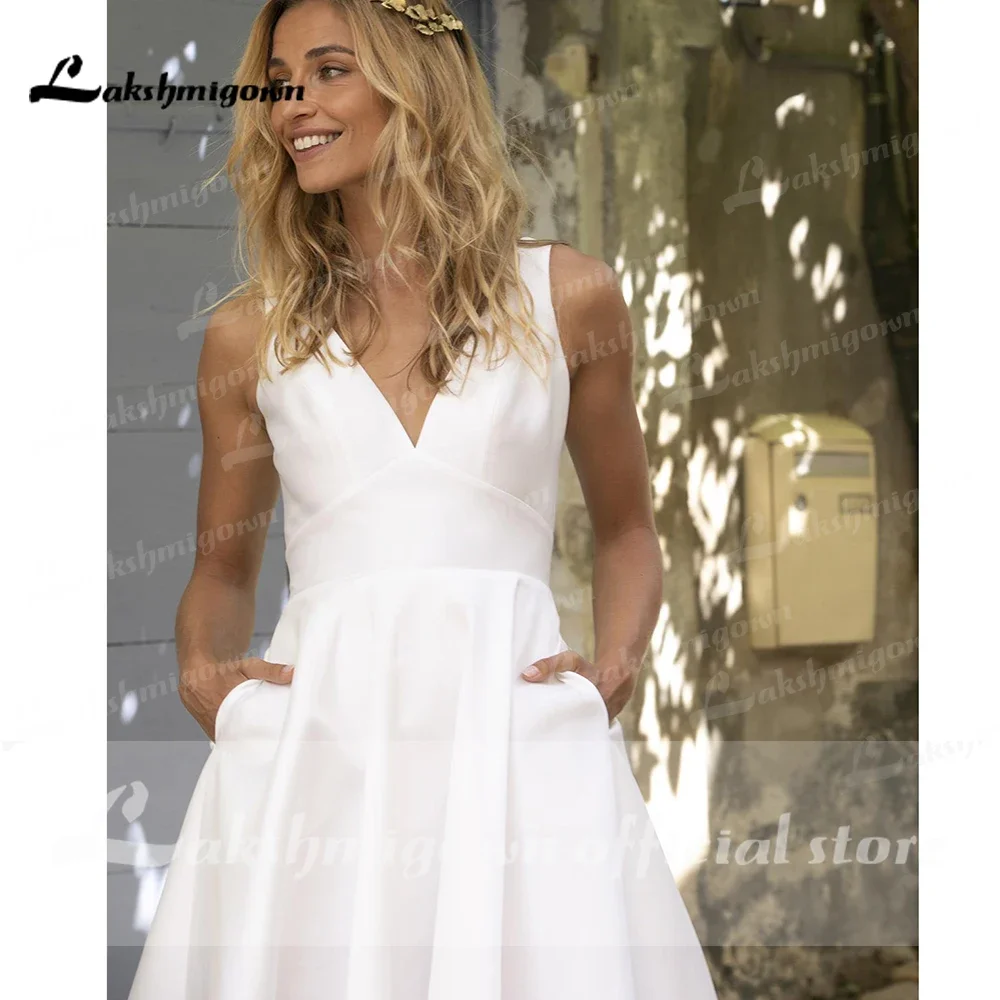 Lakshmigown simples decote em v sem costas com bolso cetim chá comprimento uma linha vestido de casamento curto praia vestido de noiva novia