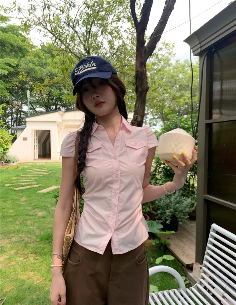 Femme rosa blusa fina camisas de verão moda feminina casual polo pescoço manga curta topo único breasted camisa y2k coquette