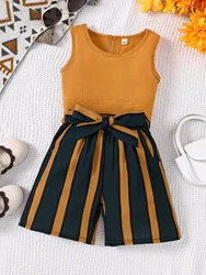 Girls' summer new fashion foreign style girls camisole, striped shorts two-piece set