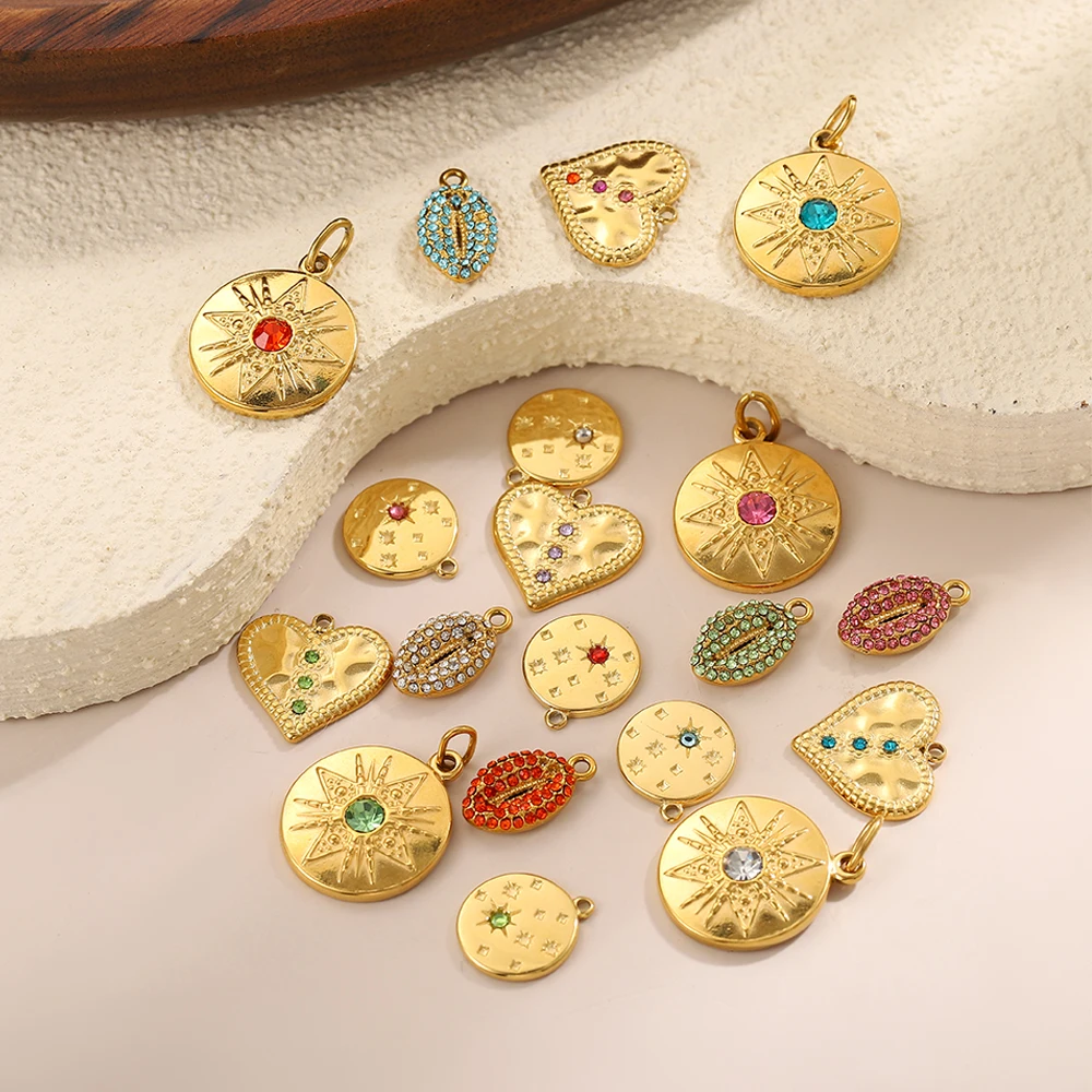 CARLIDANA Hot Sale Vintage Muticolor Zircon Round Heart Gold Plated Pendant Stainless Steel Shell Charms for DIY Women Necklace