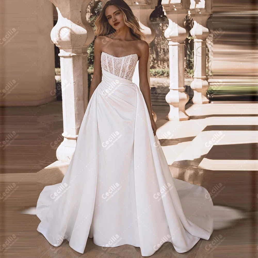 Modern Wedding Dresses Charming Bridal Gowns Pearl Decoration Robes Sleeveless Sweep Train Vestidos De Novia 2026 Customized