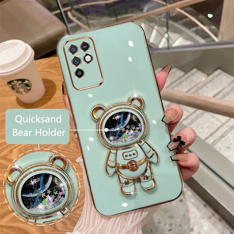 Phone Case For Infinix Note 10 Soft Silicone Luxury Plating Cartoon Bear Fold Stand Phone Case Cover