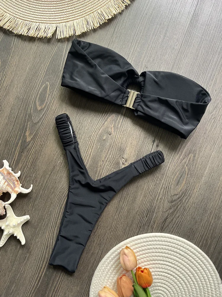 Sexy Fashion Solid Folds Bikinis 2 Piece Set Women Split Swimsuit High Waist Beach Bikinis 2025 New Summer Swimwear Bikinis Set