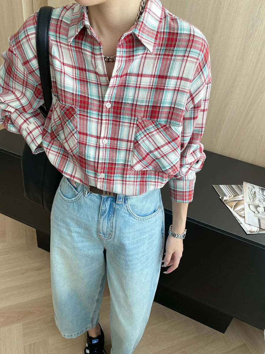 

Early autumn new American retro double pocket contrasting plaid loose casual shirt made of cotton