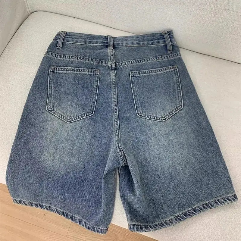 Spring Summer Women Casual Denim Shorts Fashion Female Wide Leg Short Jeans Knee Lenght Denim Pant Women High Waist Shorts Girls