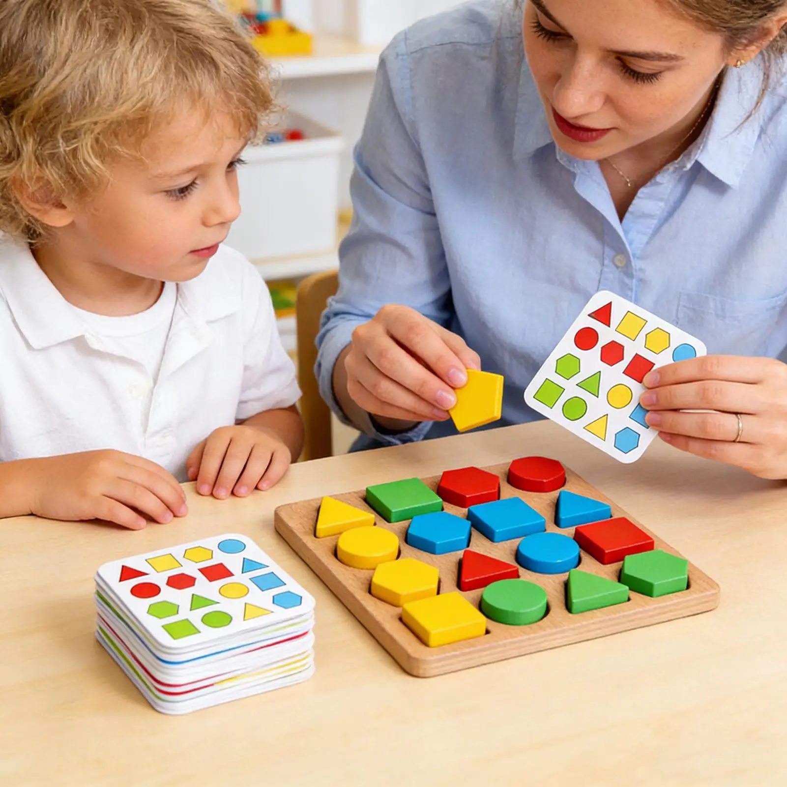 Shape Puzzle Matching Sorting Board Game 16-pieces Educational Wooden Pattern Blocks For Road Trip Boys Girls 3 Kids School