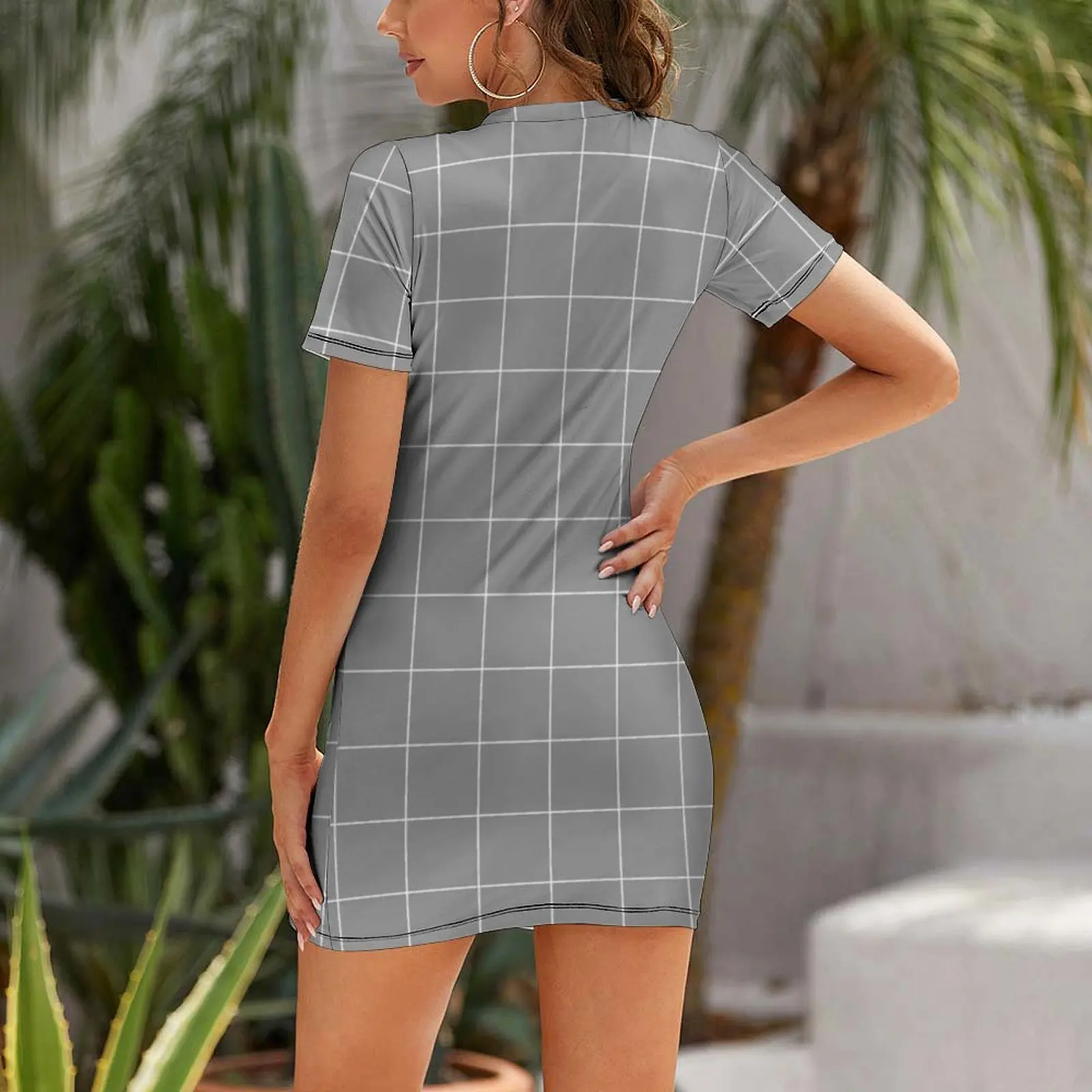 Windowpane Check Grid (white/gray) Short Sleeved Dress women evening dress elegant guest wedding dress beach dresses