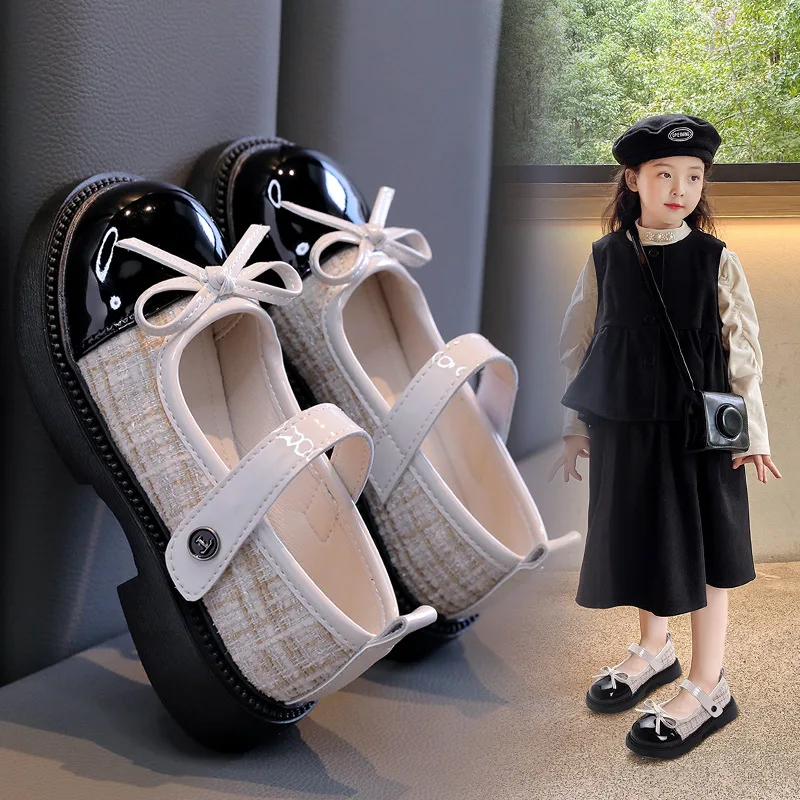 

Spring Autumn Children Fashion Leather Shoes kid Elegant Solid Color Soft Soled Shoes Girl Houndstooth Glossy Bow Princess Shoes