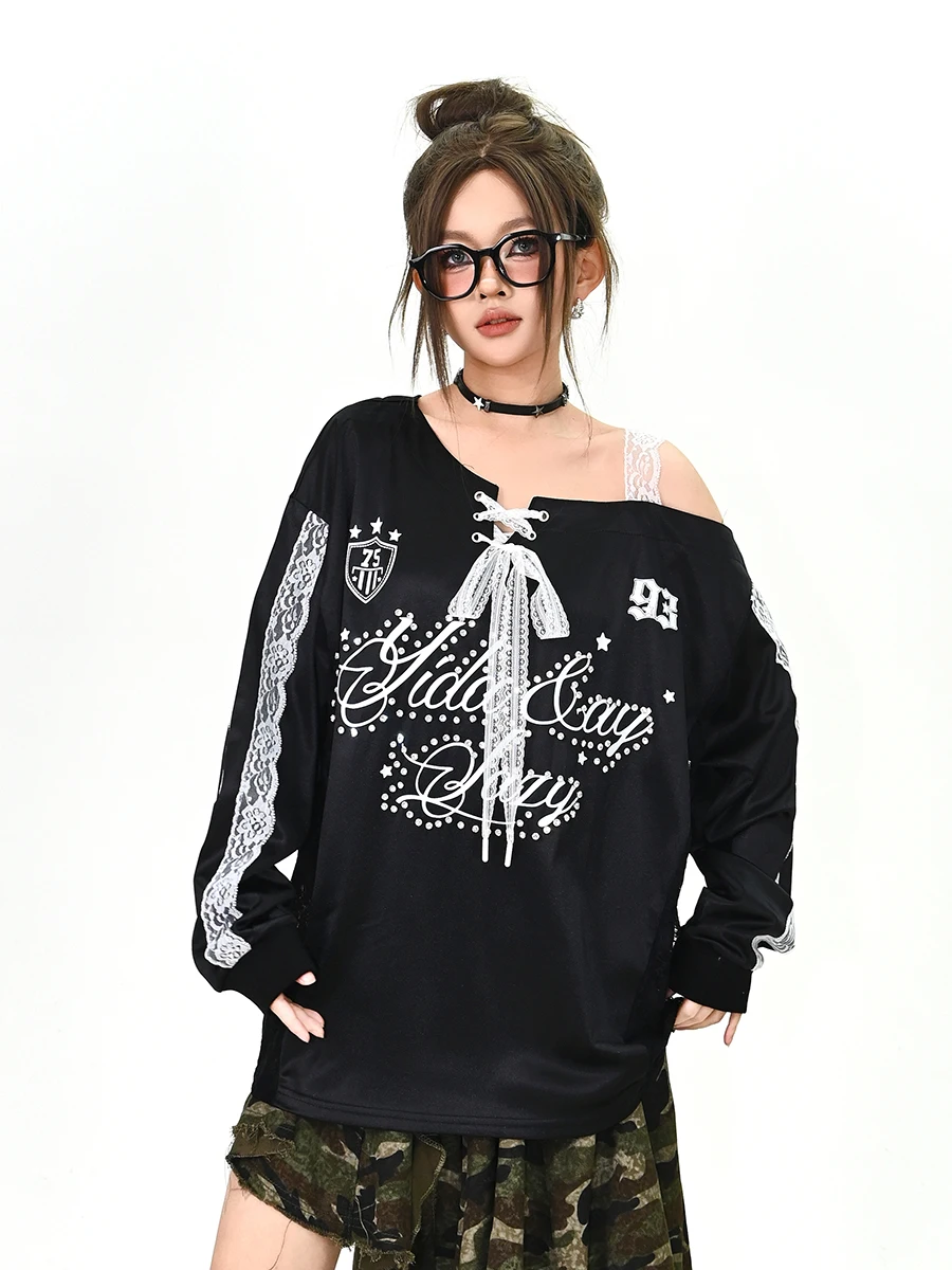 

Новинка: Длинный повседневный топ в американском студенческом стиле с открытыми плечами и кружевом для женщин, весна