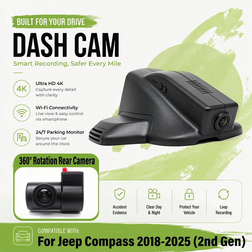 For Jeep Compass 2018-2025 (2nd Gen) Front and Rear Dash Cam for Car Camera Recorder Dashcam WIFI Car Dvr Recording Devices