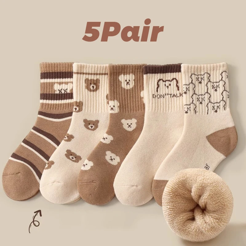 5 pares de calcetines para niños Otoño e Invierno calcetines gruesos de terciopelo para niñas y niños lindos calcetines medios de oso
