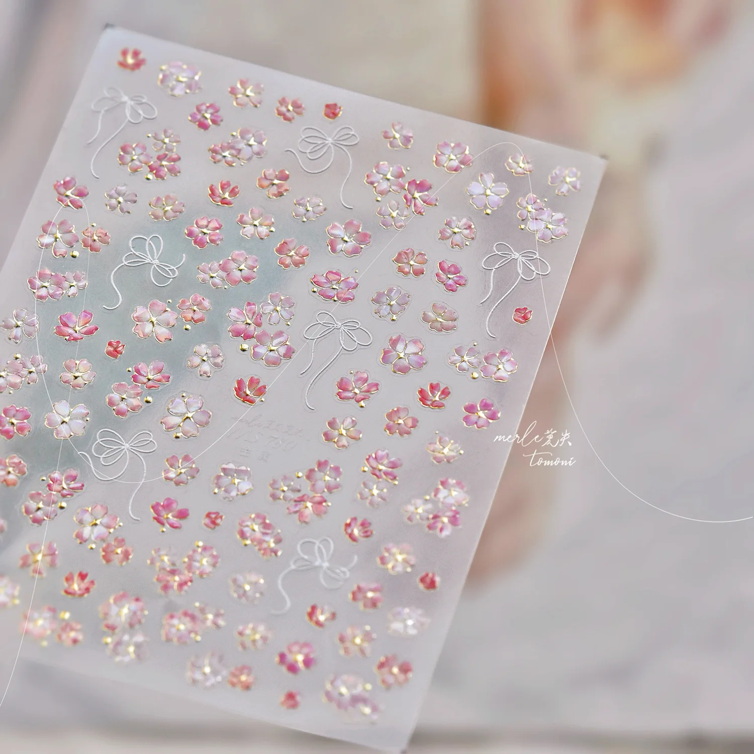 Peach Blossom Gradual Pink Petal Flower Line Bowknot Hot Stamping Halo Dyeing Delicate Adhesive Nail Art Sticker Manicure Decals