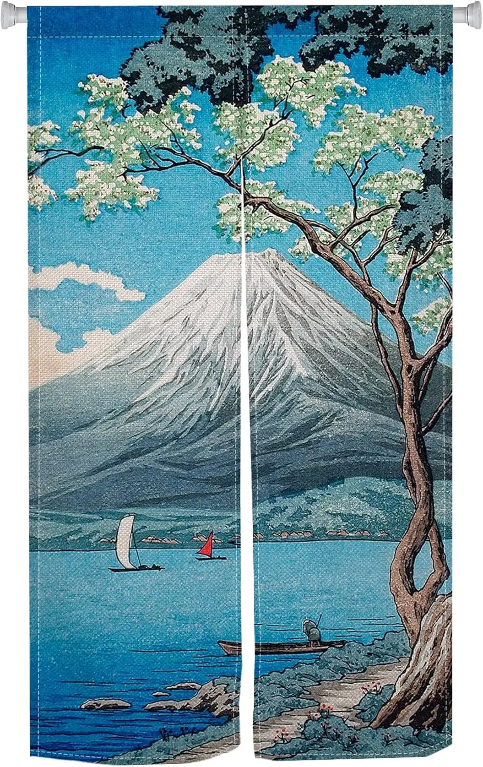Japanese Style Landscape Noren Curtain, Cherry Blossom Mount Fuji Pattern Japanese Door Curtain for Home Entrance Bedroom Living
