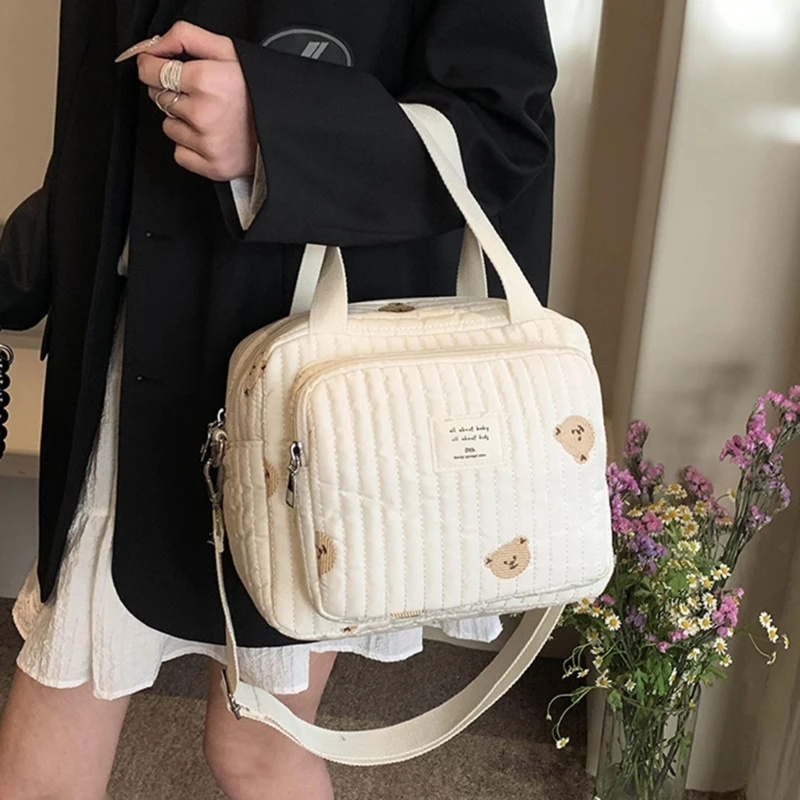 Sac à main en tissu de coton beige pour bébé, motif de broderie de fleurs d'ours mignon, sac à langer à fermeture éclair, nouveau sac à bagages, grande capacité