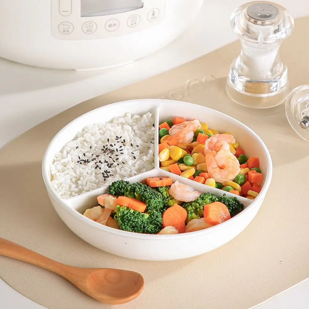 

3 Compartments Grid-shaped Dinner Plate Round White Divided Food Tray Silicone Lid Microwave Safe Ceramic Salad Plate