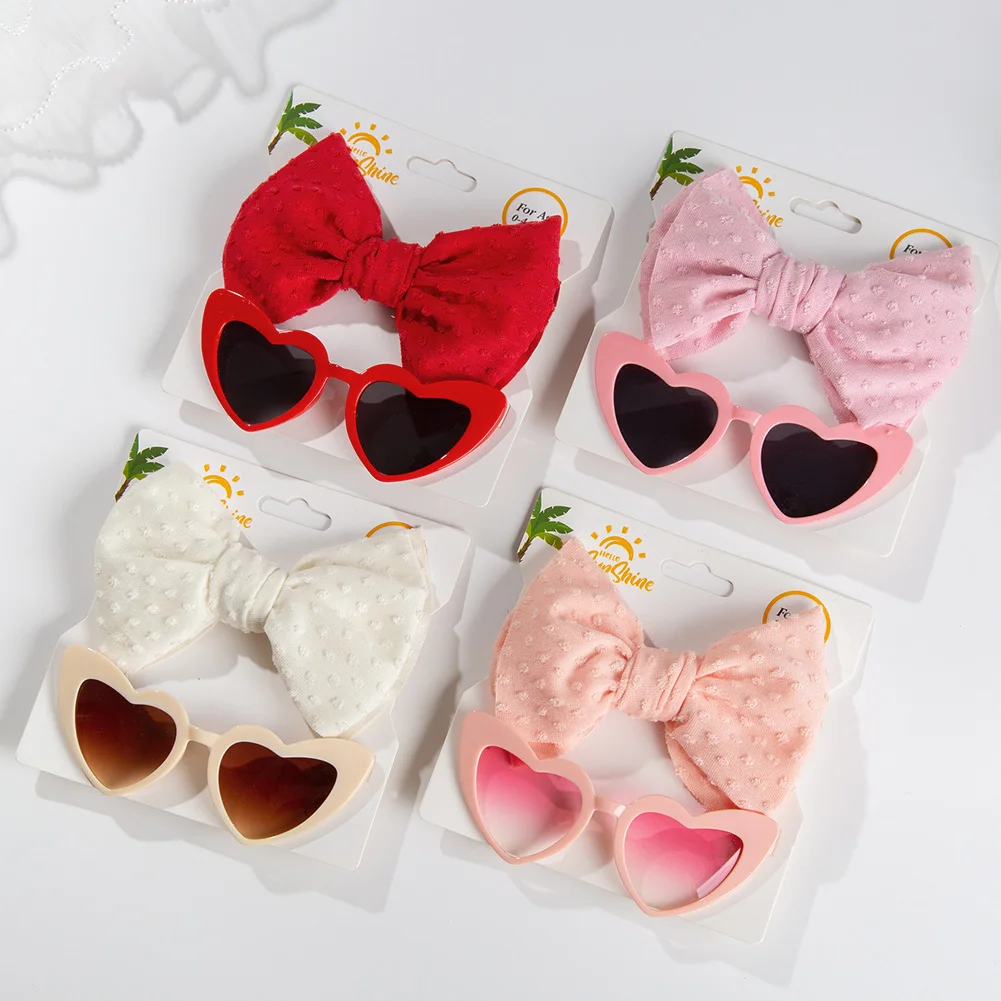 2Pcs/Card Retro Heart Shape Baby Sunglasses & Headbands Set Swiss Dots Nylon Hair Bands Kids Sun Glasses Kids Big Bow Headwraps