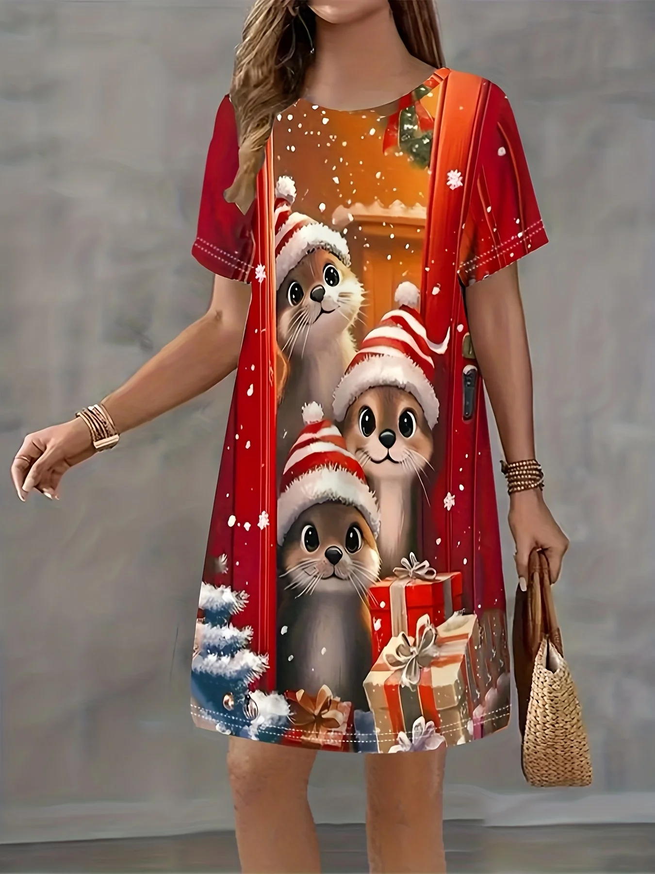 Minikleid mit Weihnachtsbaum- und Katzenmuster – kurzärmliges Partykleid in A-Linie, lässiges Urlaubsoutfit für Weihnachten, Silvester, Y2k