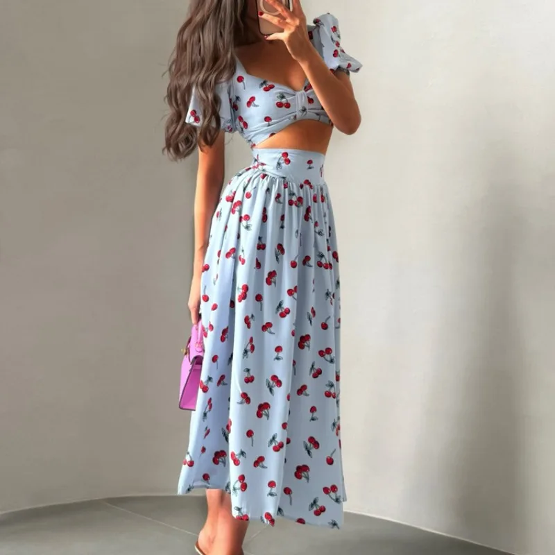 Sommer Damen Zweiteiler Set mit Puffärmeln, Crop-Bluse und Fließendem Midirock, Süße Strand-Urlaubsoutfits für Damen – Detail 22