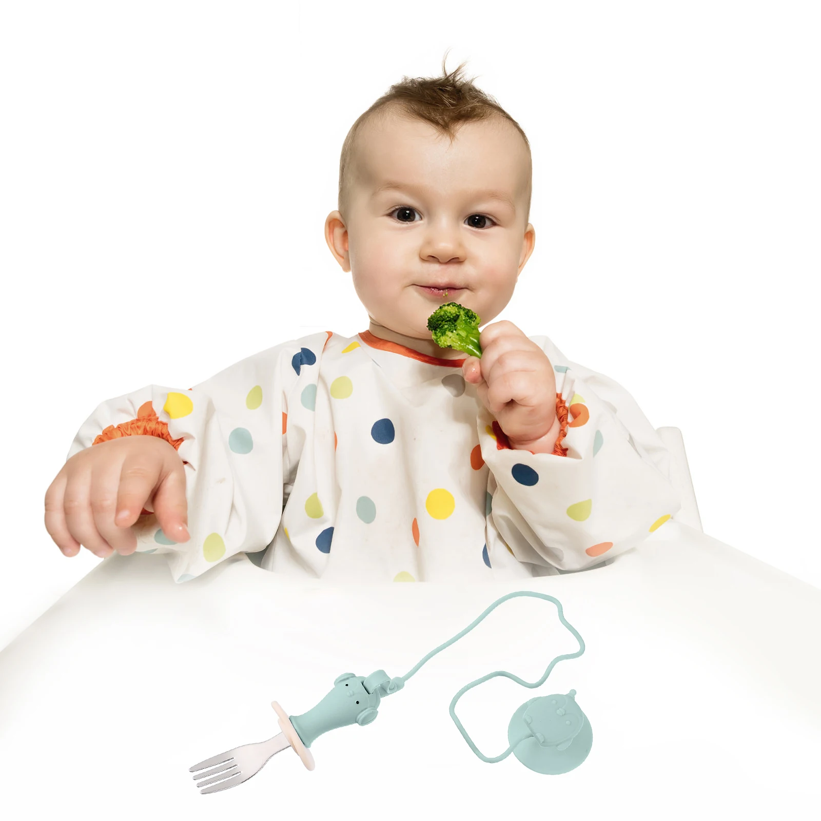 

1 пара тренировочных ложек из нержавеющей стали, вилка, противоскользящая цепочка на присоске, держатель для посуды, ремень для кормления малышей