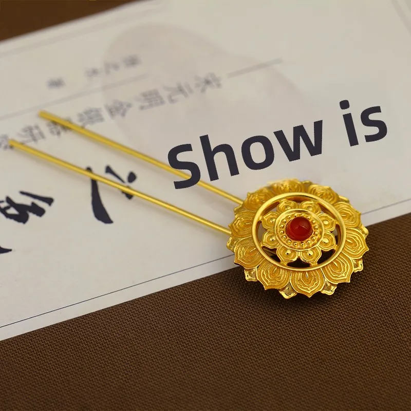 Traditional Chinese Lucky Tang Style Golden Lotus Hairpin Inlaid Faux Pearl Orange Gem Blessing U Shaped Hair Stick For Hanfu