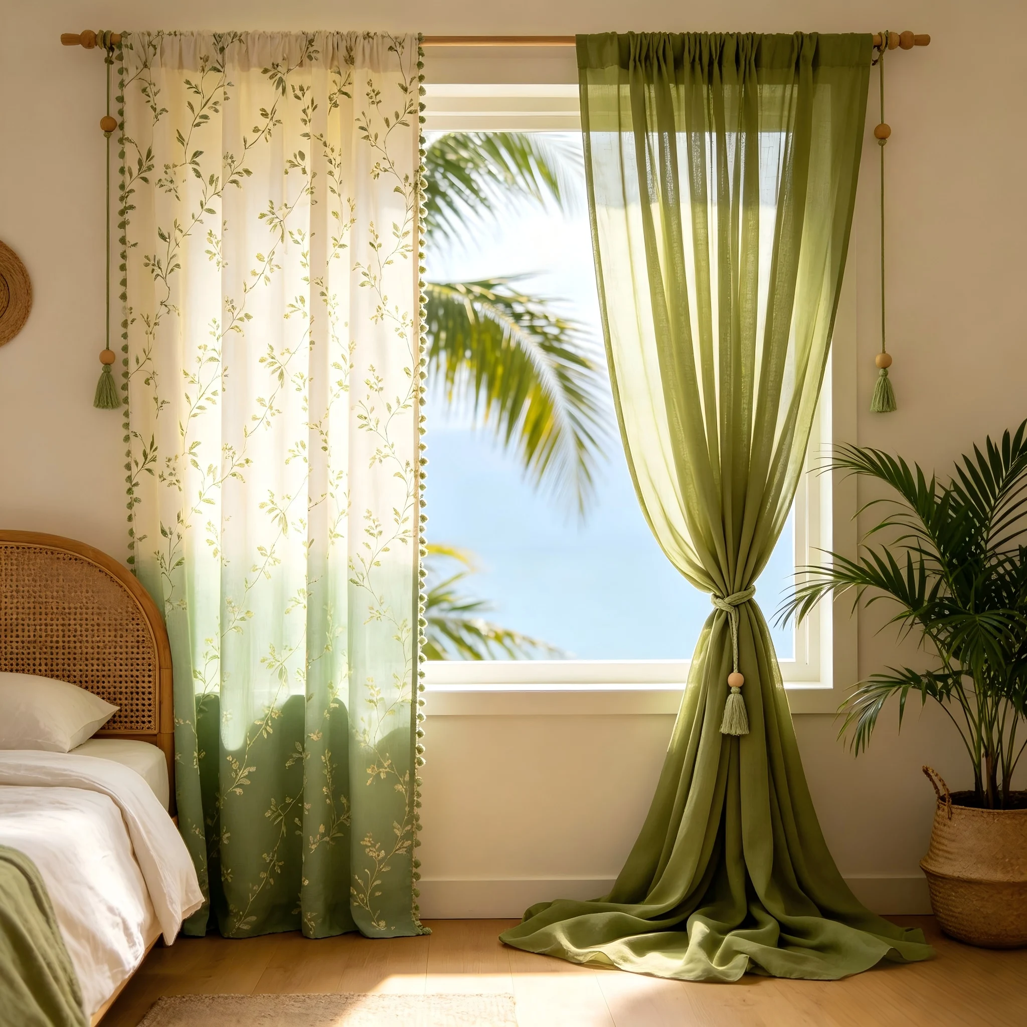 200402  Tropical vacation bedroom: Sage green gradient jacquard+olive green gauze curtain, wooden bead pendant and light green f