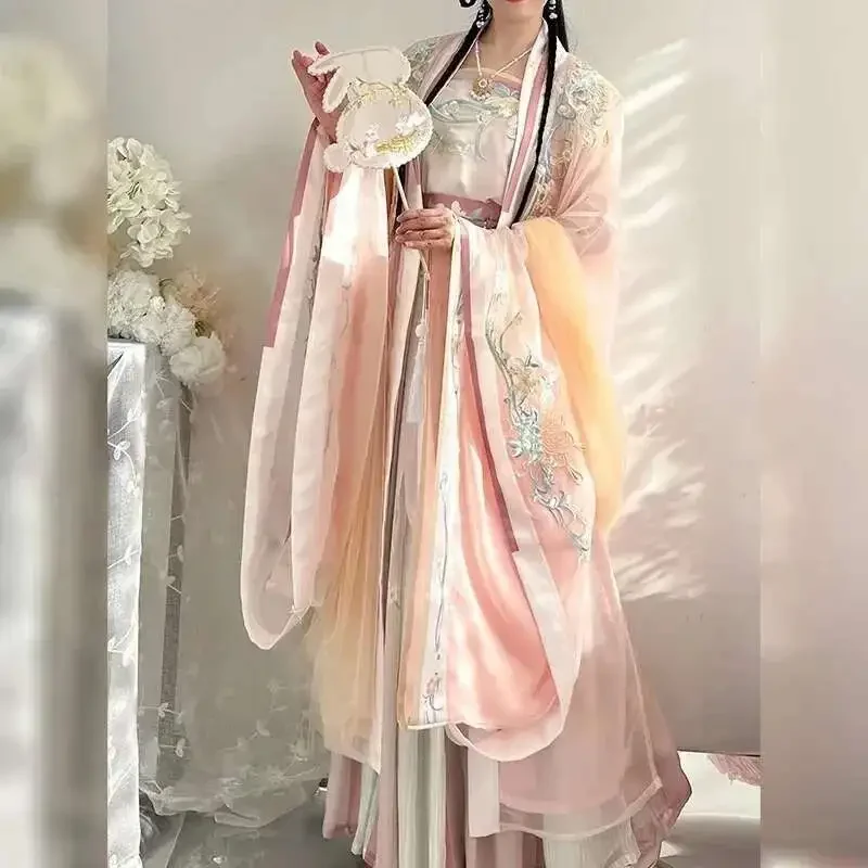 2026 Chinese Hanfu Dress Embroidery Large Sleeve Gradient Original Party Stage Costume Show Cosplay Pink Blue