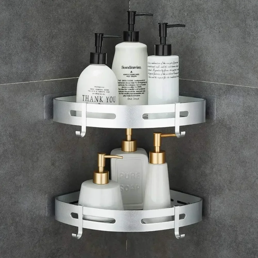 

Corner Caddy Bathroom Shower Shelf Wall Mounted No Drilling 2 Tier Storage Shelves Adhesive Triangle Baskets Silver Bathroom