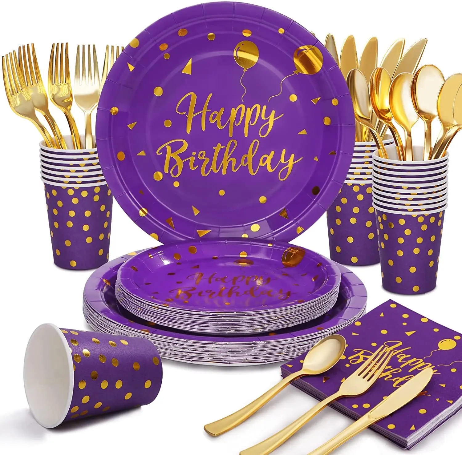 8pcs New Purple Birthday Gilded Party Suit Disposable Paper Tray Paper Cup Paper Towel Happy Birthday Party Decor