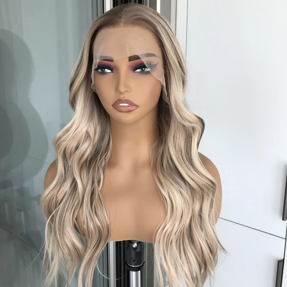 

Highlight Honey Blonde Synthetic Lace Front Wig Body Wave Pre Plucked Long Wavy Heat Resistant Fiber Wig for Women Daily Use