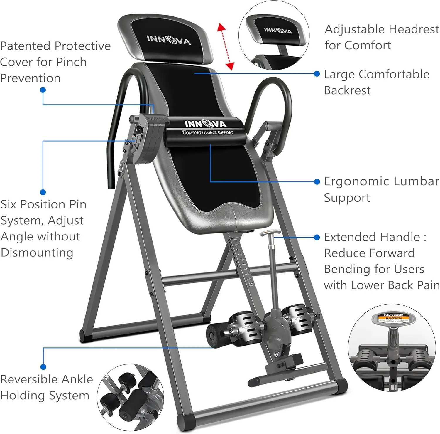 Inversion Table with Adjustable Headrest, Reversible Ankle Holders, and 300 lb Weight Capacity