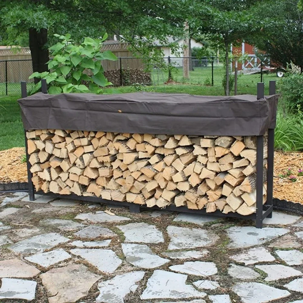 10 Foot Brown Outdoor Firewood Rack With Optional Seasoning Cover - Made In USA - Holds 1/2 Plus Cord Of Firewood