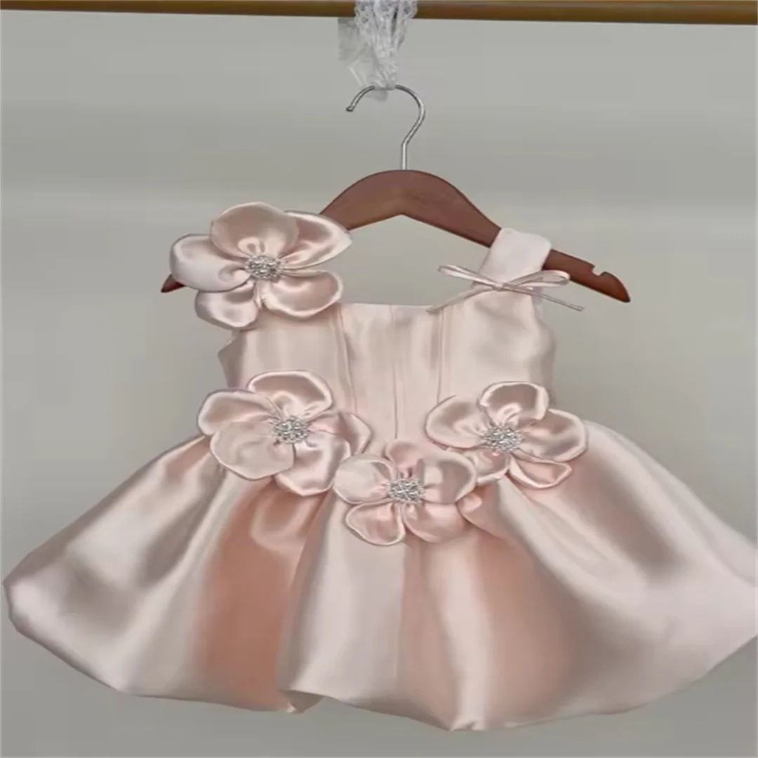 Baby Girl Satin 3D Flower Princess Dress Toddler Birthday Outfit Infant Wedding Bridesmaid Gown Kids Formal Party Photoshoot
