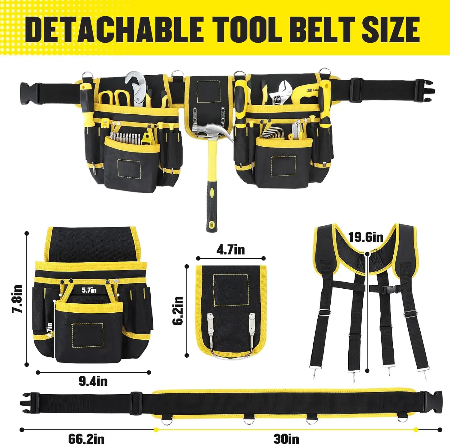 Tool Belt with Suspenders 32-66 Inch Adjustable 22 Pockets Durable Tool Rig for Electrician Carpenter Construction Work