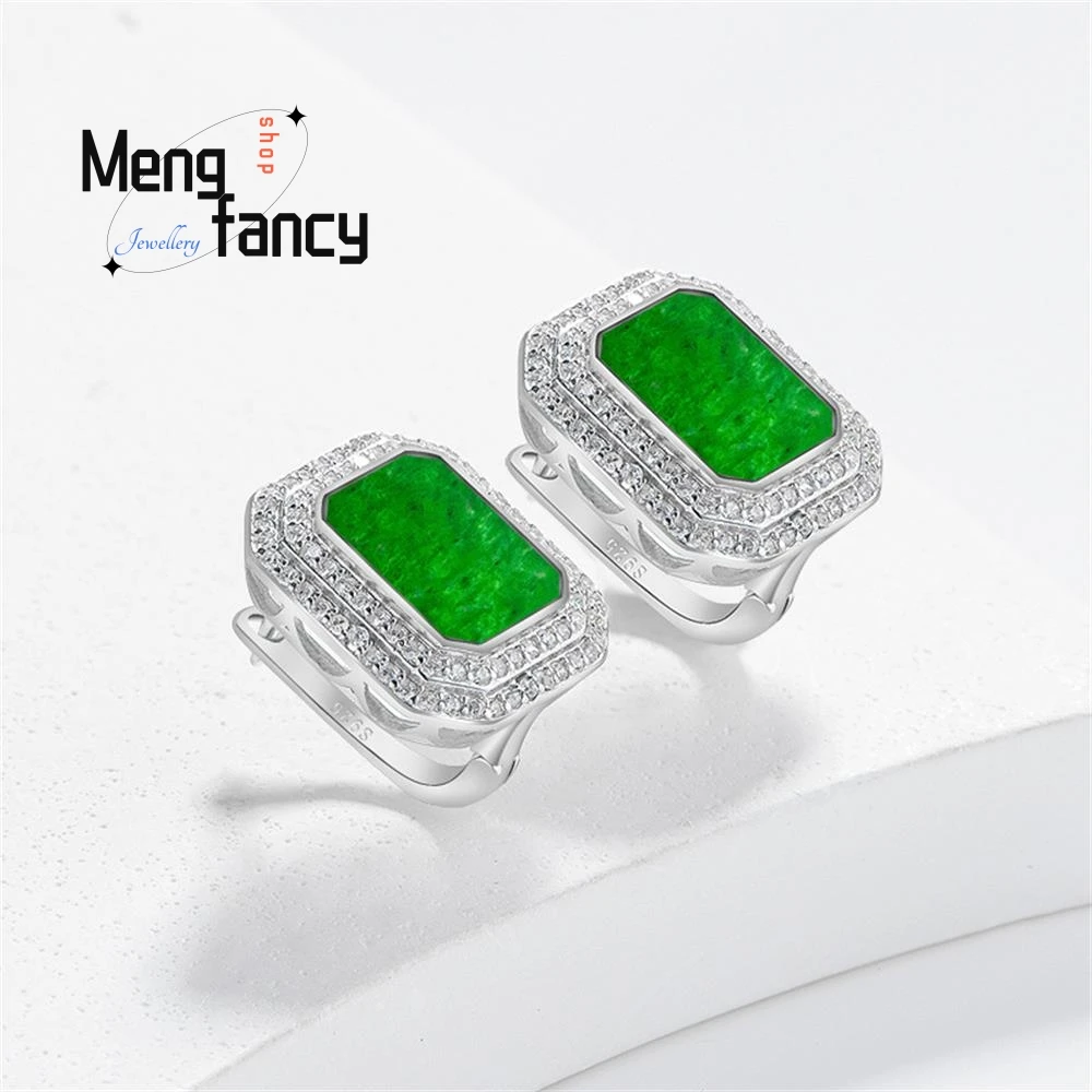 High-Grade Natural Myanmar A Goods Jade Flower Blue Square Earrings Ice Jade Fashion S925 Silver Earrings For Women