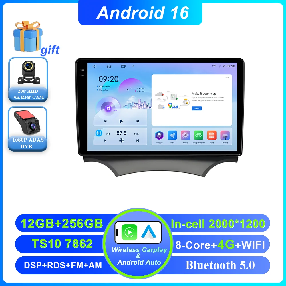Android 16 Carplay voor Ford Ka 2008 - 2014 autoradio stereo multimediaspeler videospeler GPS navigatie QLED touchscreen 4G DSP