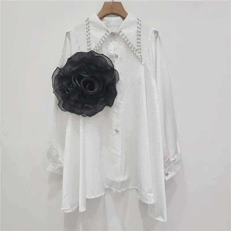 Hot Drilling Three-Dimensional Flower Shirt Women 2024 Spring Autumn Beaded Lapel Long Sleeve Silky Loose Fashion Slimming Shirt