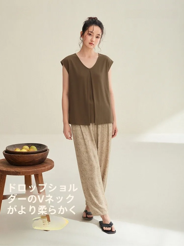 anziban-pigiama-estivo-in-puro-cotone-da-donna-vestibilita-ampia-senza-maniche-abbigliamento-per-la-casa-set-alla-moda-comodo-traspirante-con-scollo-a-v