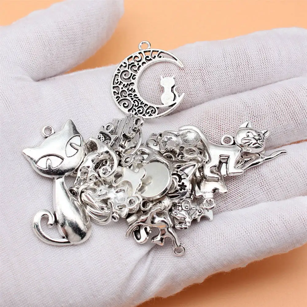 Jewelry Antique Silver Color Cat Charms Collection  Crafts Couple Pendants 27pcs