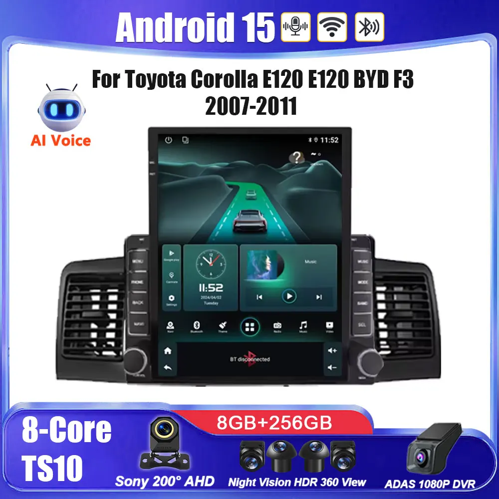 9,7-дюймовый автомобильный радиоприемник Android 15 для Toyota Corolla E120 E120 BYD F3 2007-2011, мультимедийный видеоплеер, навигация, GPS Carplay, головное устройство